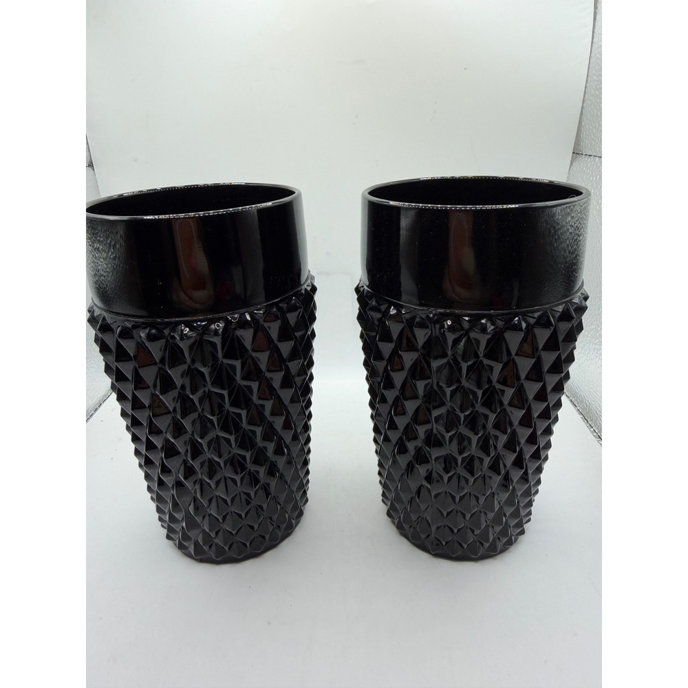 Vintage Black Milk Glass Hobnail Diamond Point Tumblers Set of 2 Gothic Barware